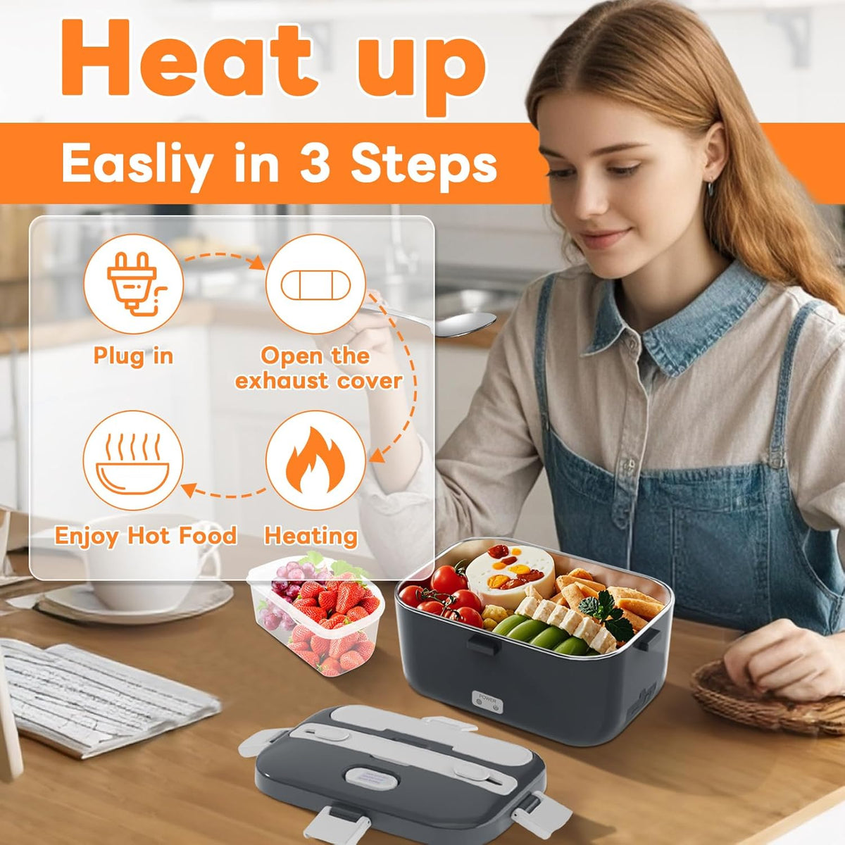 Electric Lunch Box Food Warmer, 1.8L Heated Lunch Box for Adults