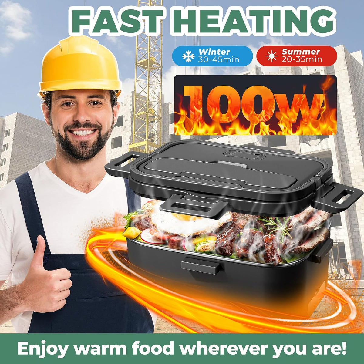 Electric Lunch Box for Adults 100W 1.8L Portable Heated Lunch Box 12V/24V/110V, Portable Fast Heating Lunchbox Food Heater For, Car Truck Office Home(Black)