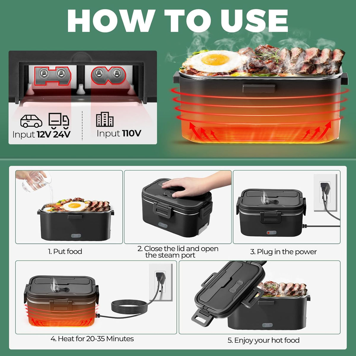 Electric Lunch Box for Adults 100W 1.8L Portable Heated Lunch Box 12V/24V/110V, Portable Fast Heating Lunchbox Food Heater For, Car Truck Office Home(Black)