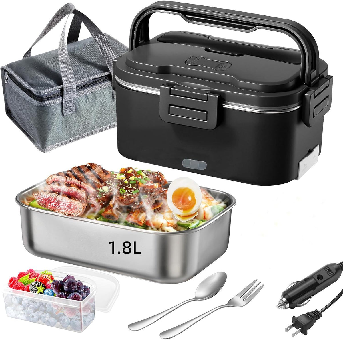 Electric Lunch Box for Adults 100W 1.8L Portable Heated Lunch Box 12V/24V/110V, Portable Fast Heating Lunchbox Food Heater For, Car Truck Office Home(Black)